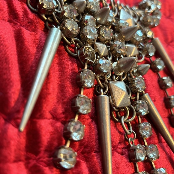 Statement Necklace!  Matte Gold Crystals Metal Mesh Spikes Goth - Picture 3 of 10